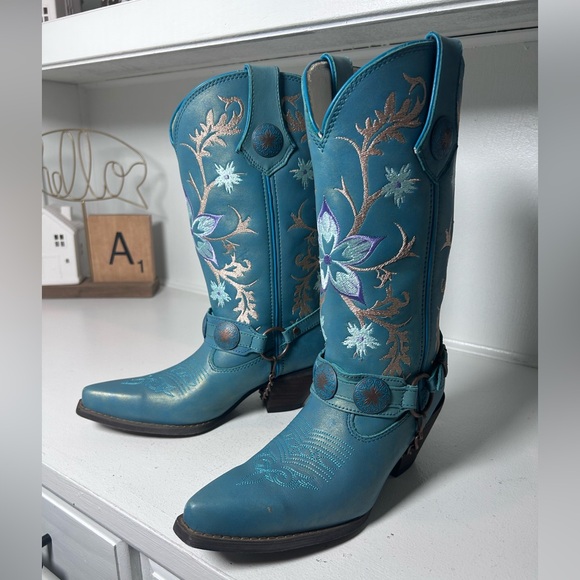 Durango Shoes - Durango Women’s Turquoise Harness Western Boots 6.5M Floral Embroidered Cowgirl